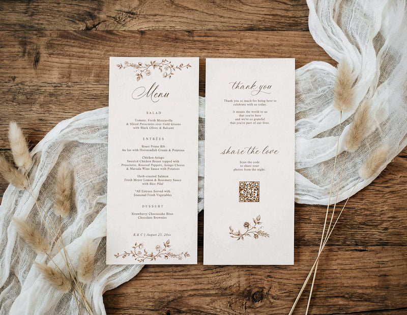 Brown and cream French floral wedding menu with thank you message and photo sharing QR code.