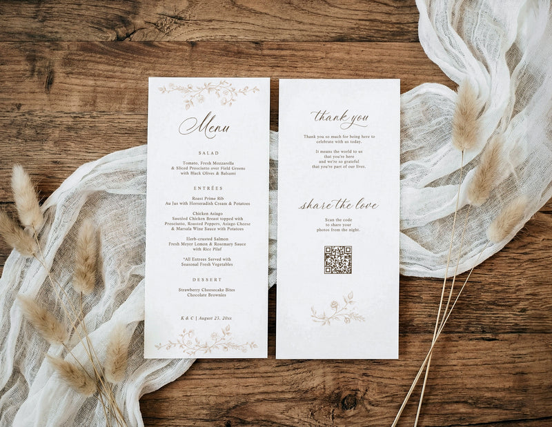 Beige French floral wedding menu with thank you message and guest photo sharing QR code.