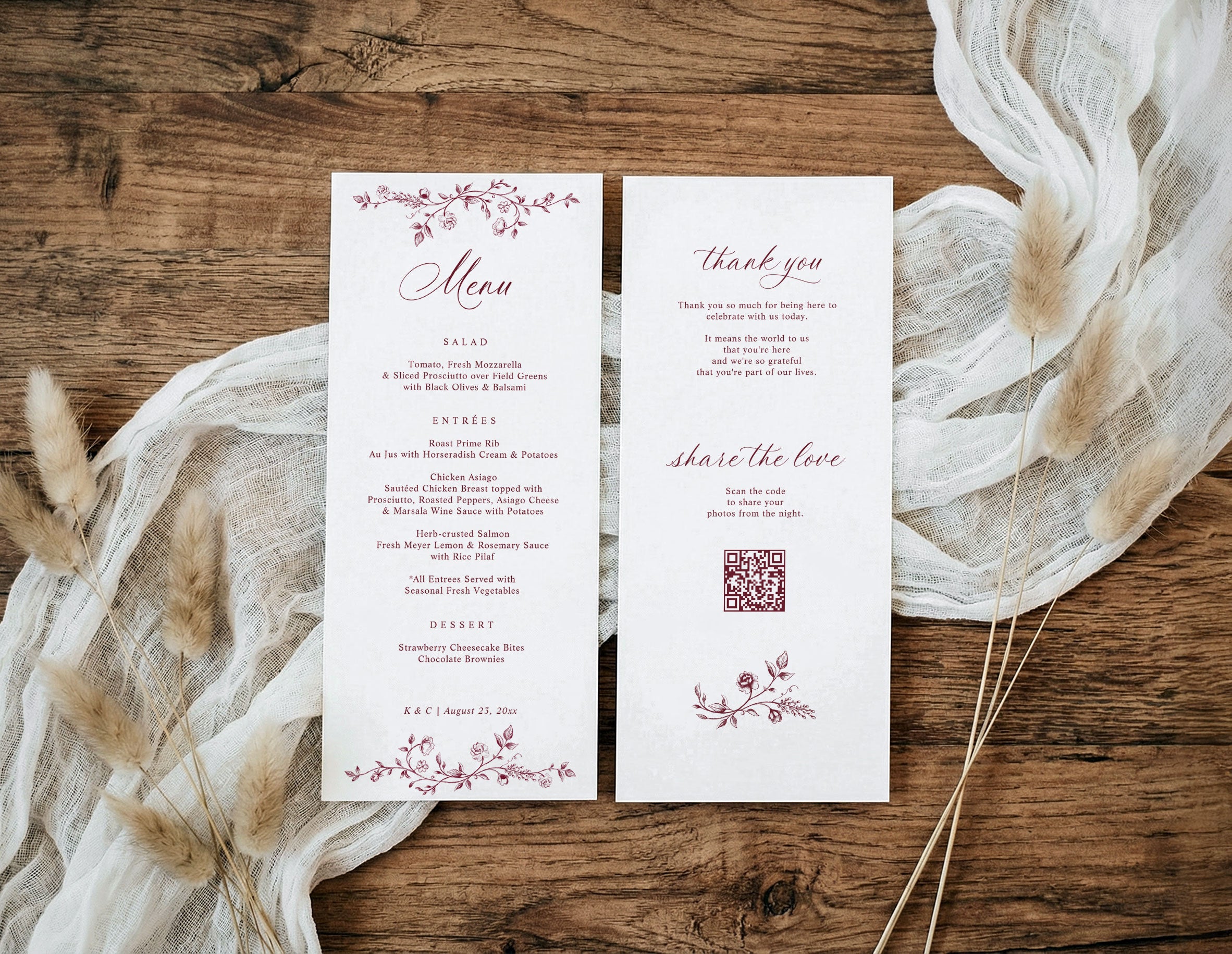 Burgundy French floral wedding menu with thank you message and photo sharing QR code on the back.