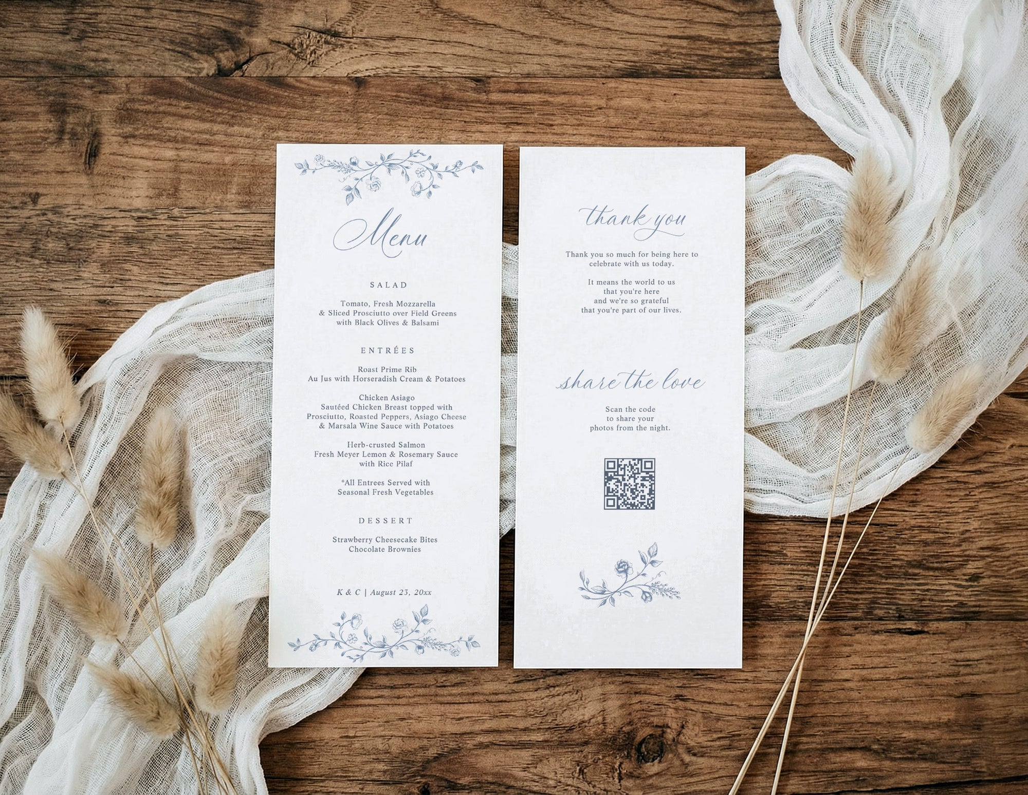 Dusty blue French floral wedding menu with thank you message and guest photo sharing QR code.
