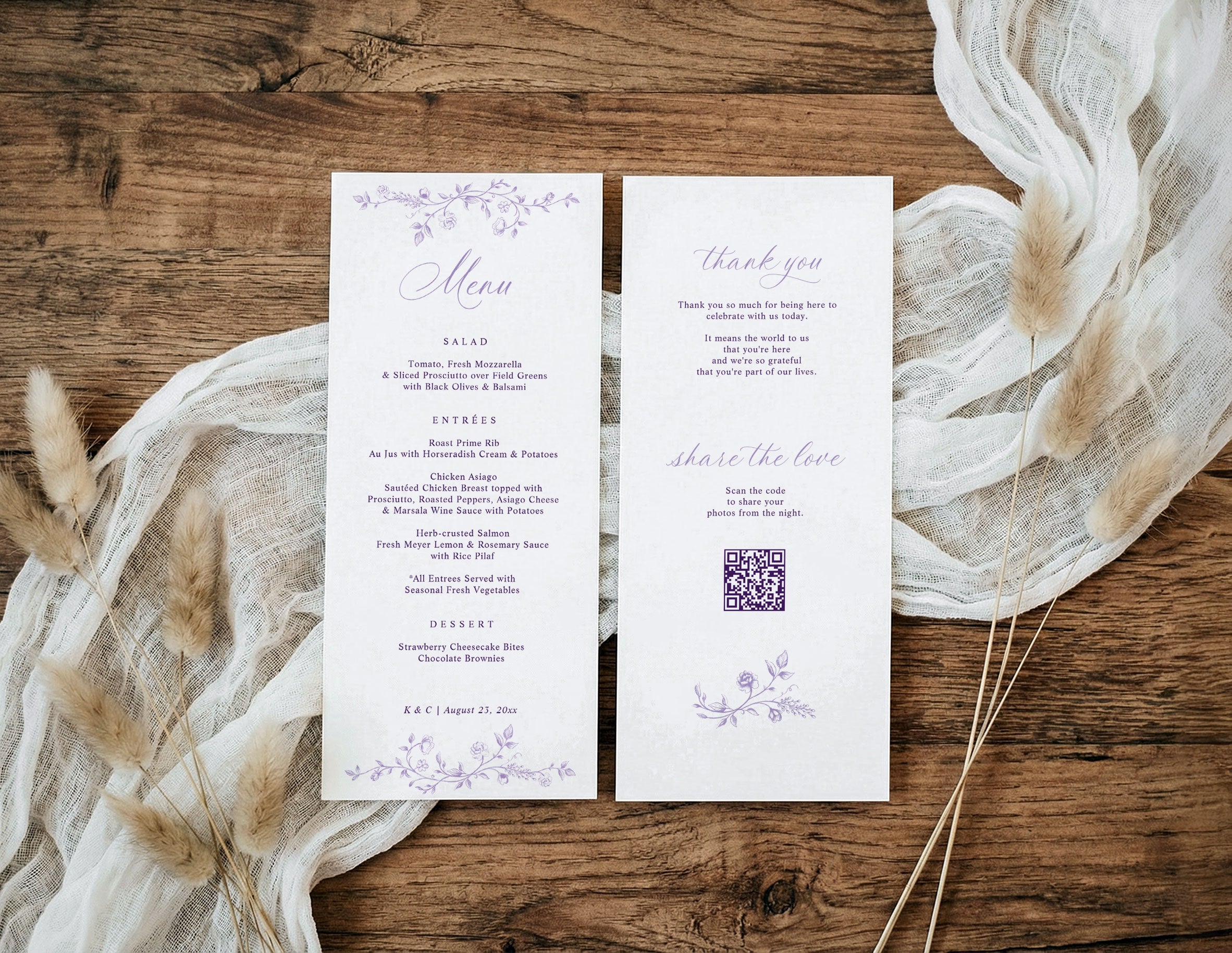 Lavender French floral wedding menu with thank you message and photo sharing QR code.