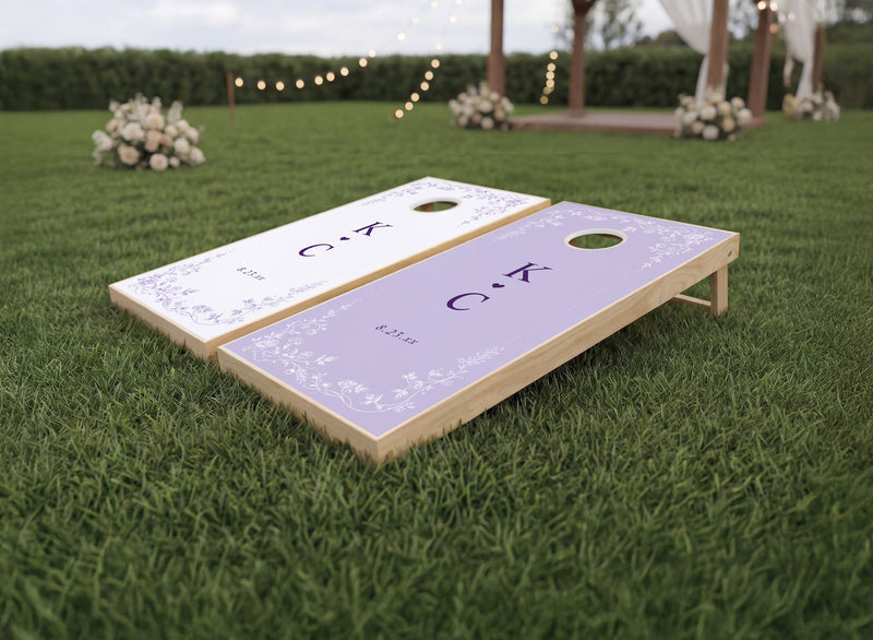 Lavender vintage French floral wedding reception cornhole boards