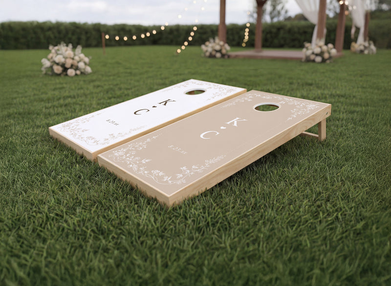 Beige vintage French floral wedding reception cornhole boards