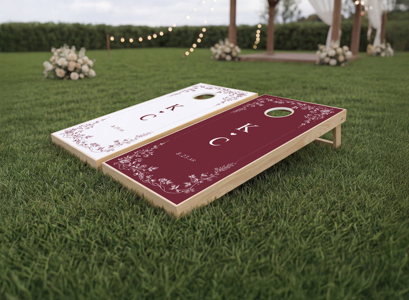 Burgundy red vintage French floral wedding reception cornhole boards