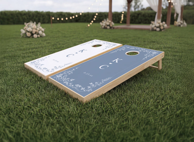 Dusty blue vintage French floral wedding reception cornhole boards