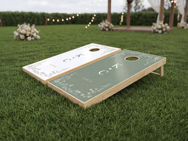Personalized sage green vintage French floral wedding cornhole boards with initials