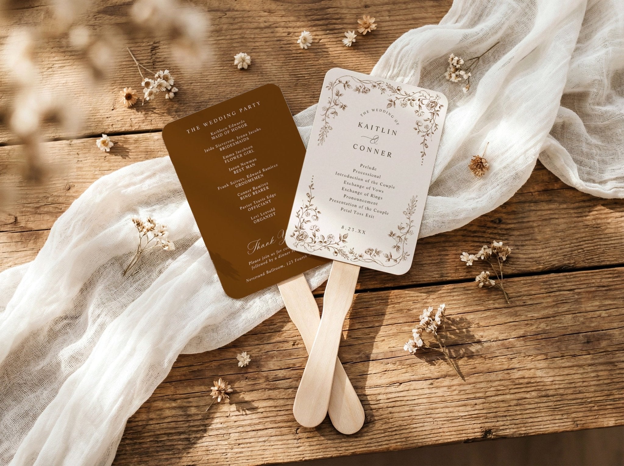 Brown and cream French toile wedding program fan with vintage botanical floral border.
