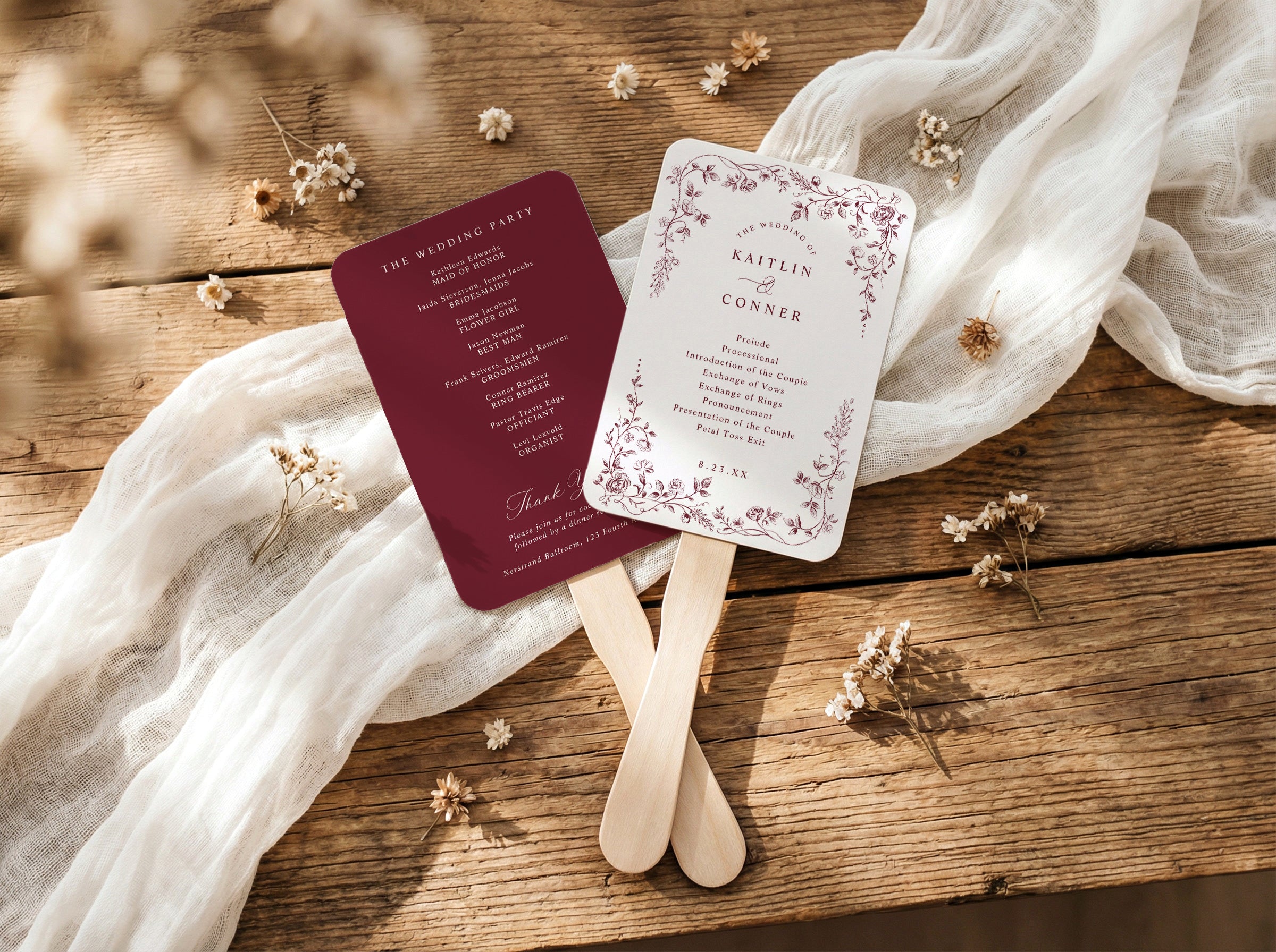 Burgundy French toile wedding program fan with vintage botanical border and wedding ceremony program.