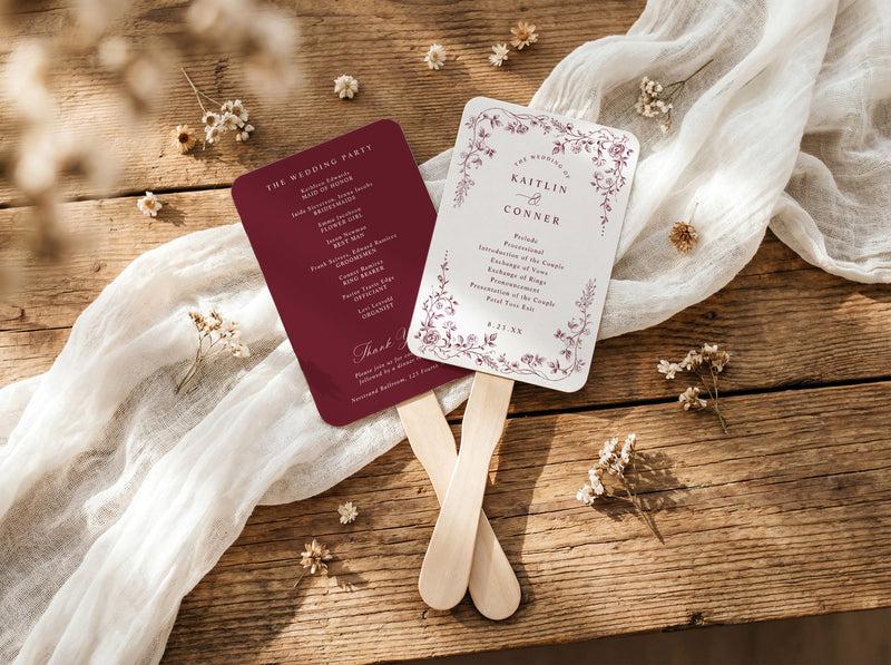 Burgundy French toile wedding program fan with vintage botanical border and wedding ceremony program.