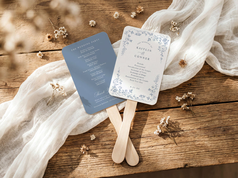 Dusty blue French toile wedding program fan with botanical floral border.