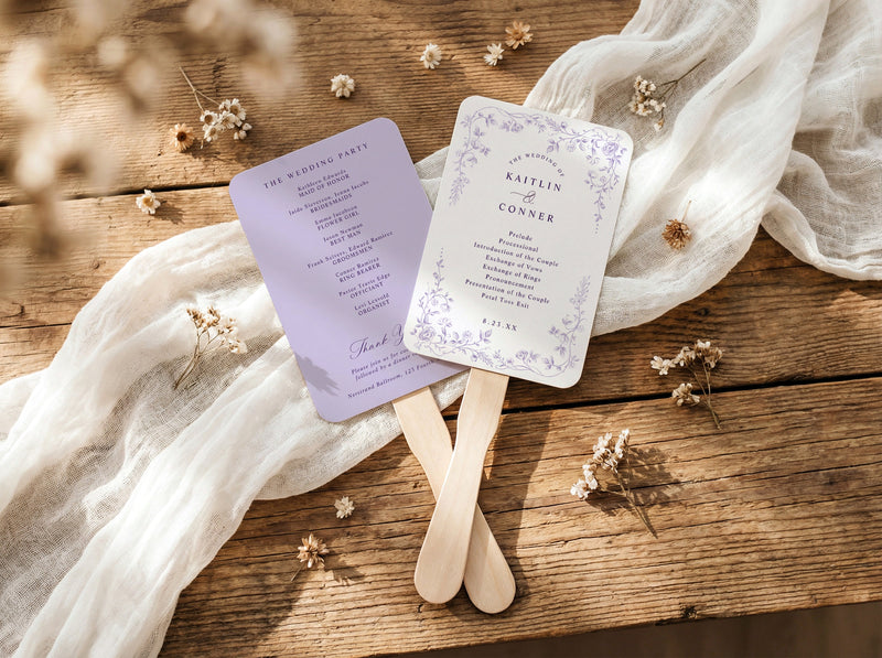 Lavender French toile wedding program fan with vintage botanical floral border.