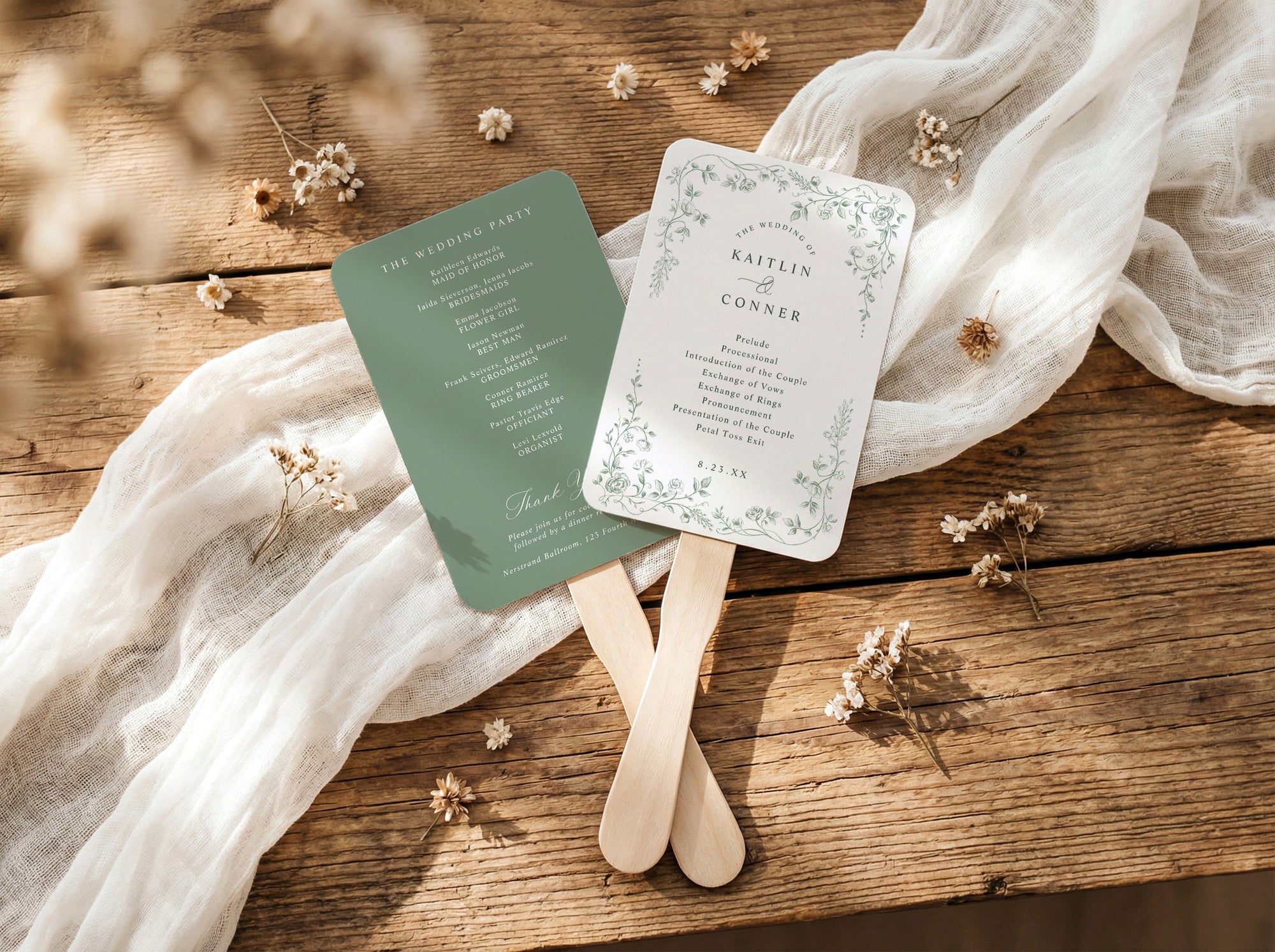 Sage green French toile wedding program fan with vintage botanical floral border.