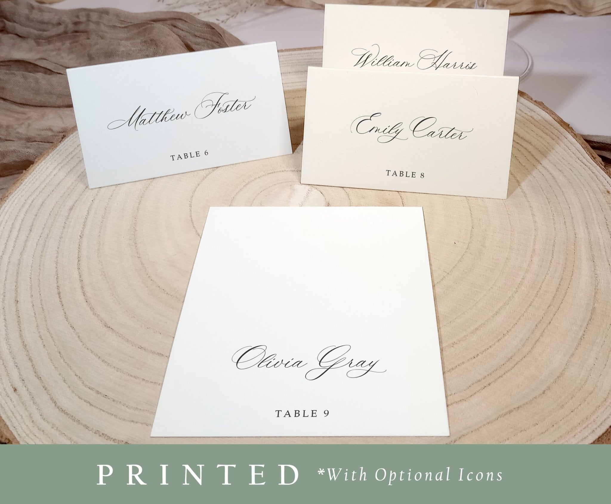 Set of personalized wedding place cards with classic layout, displayed in rows on wood background.