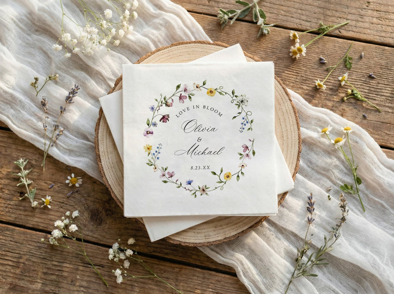 A stack of white paper napkins with a delicate floral wreath design and personalized script reading 'Love in Bloom, Chloe & Michael, 2.23.