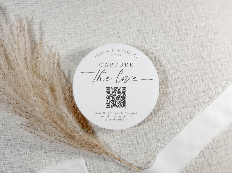Elegant wedding coaster with QR code and handwritten script, ideal for reception drink stations or welcome tables.