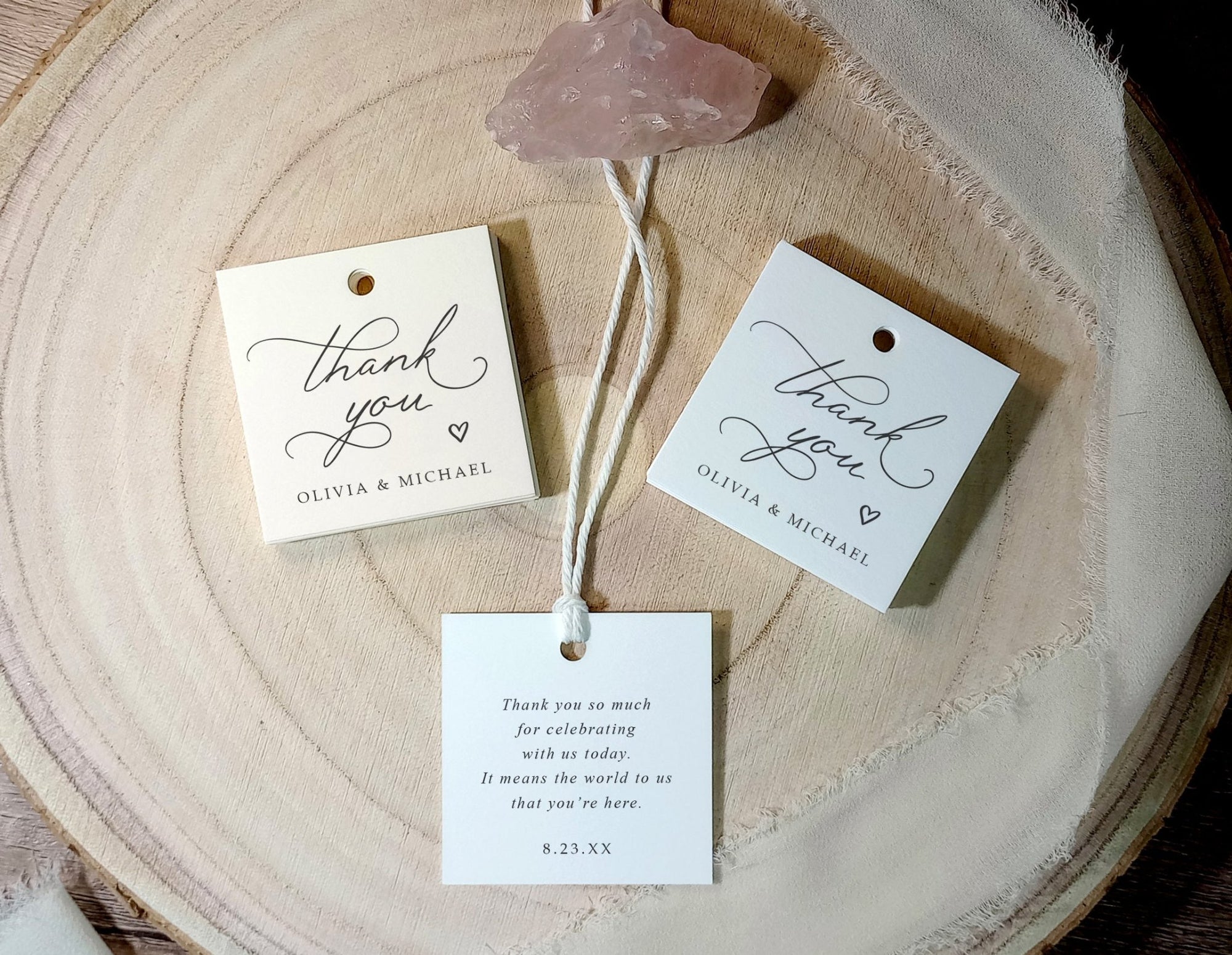 Elegant square wedding favor tags with pre-punched hole and string included