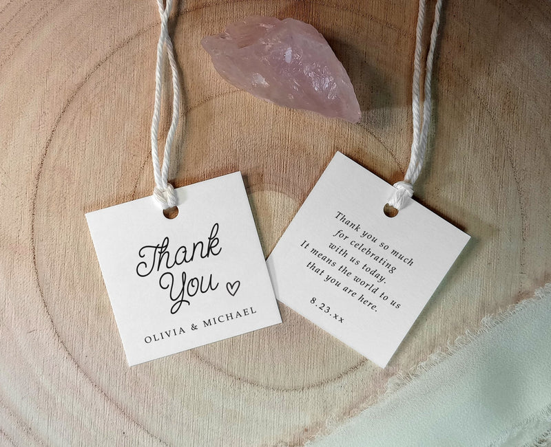 whimsical thank you favor tag with playful script and personalized back