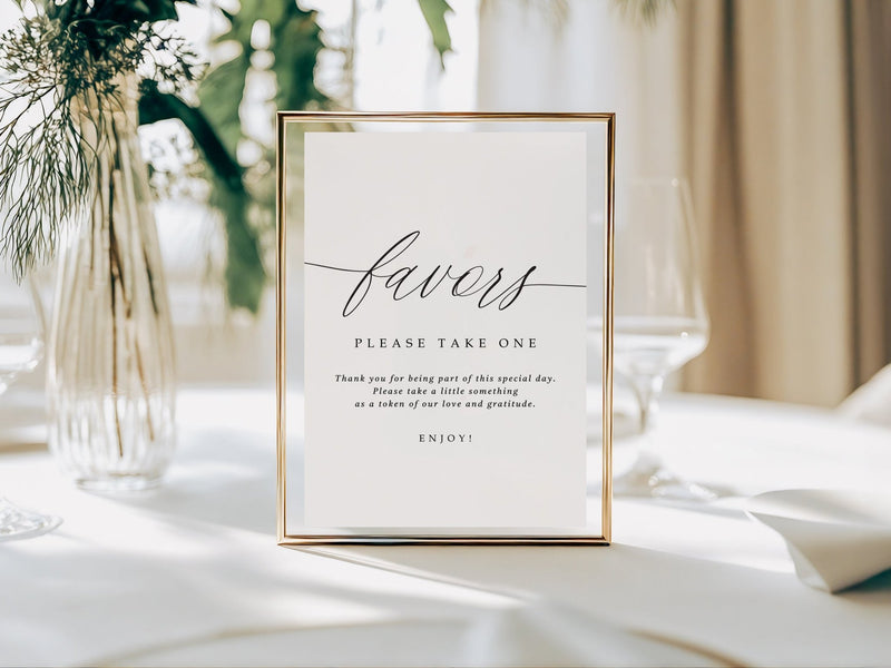 Romantic wedding favors table sign with customizable message in black script