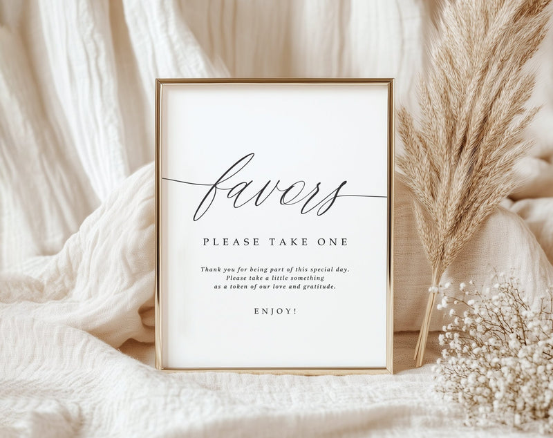 Elegant printed wedding favors sign with modern calligraphy and boho decor