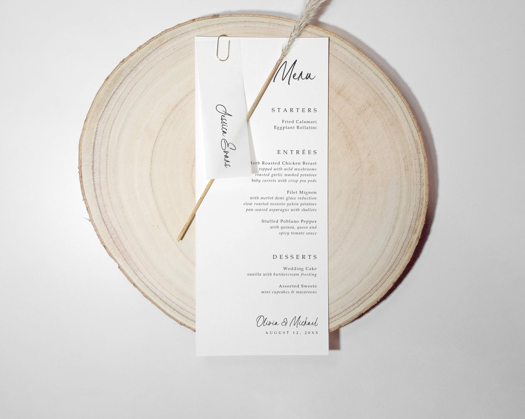 Modern printed name tags paired with wedding menus, customized with guest names and optional table numbers.