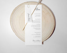 Modern printed name tags paired with wedding menus, customized with guest names and optional table numbers.