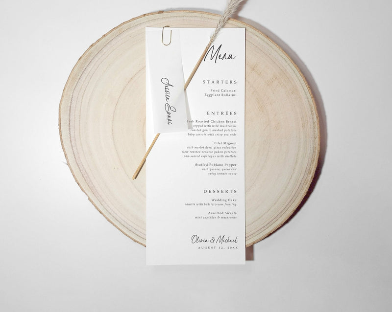 Modern printed name tags paired with wedding menus, customized with guest names and optional table numbers.