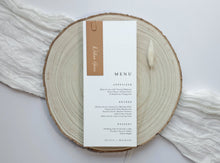 Modern printed name tags paired with wedding menus, customized with guest names and optional table numbers.