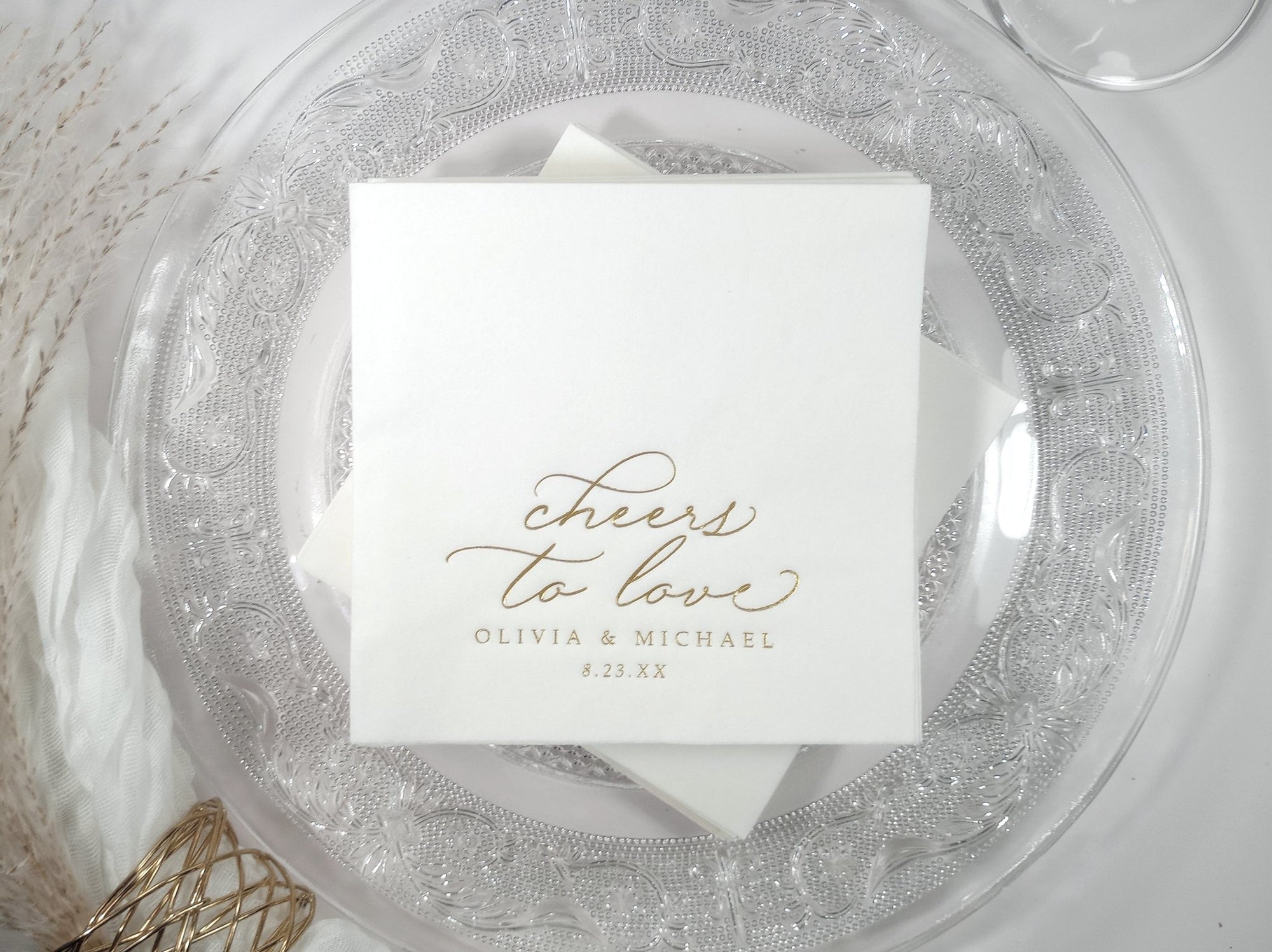 personalized wedding napkins on an elegant wedding reception tablescape