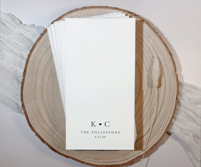 Custom disposable paper bathroom towel with couple’s names, heart, and wedding date