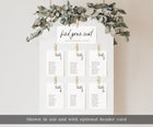 Custom printed wedding table seating chart cards displayed with greenery, featuring simple handwriting script and optional header card.