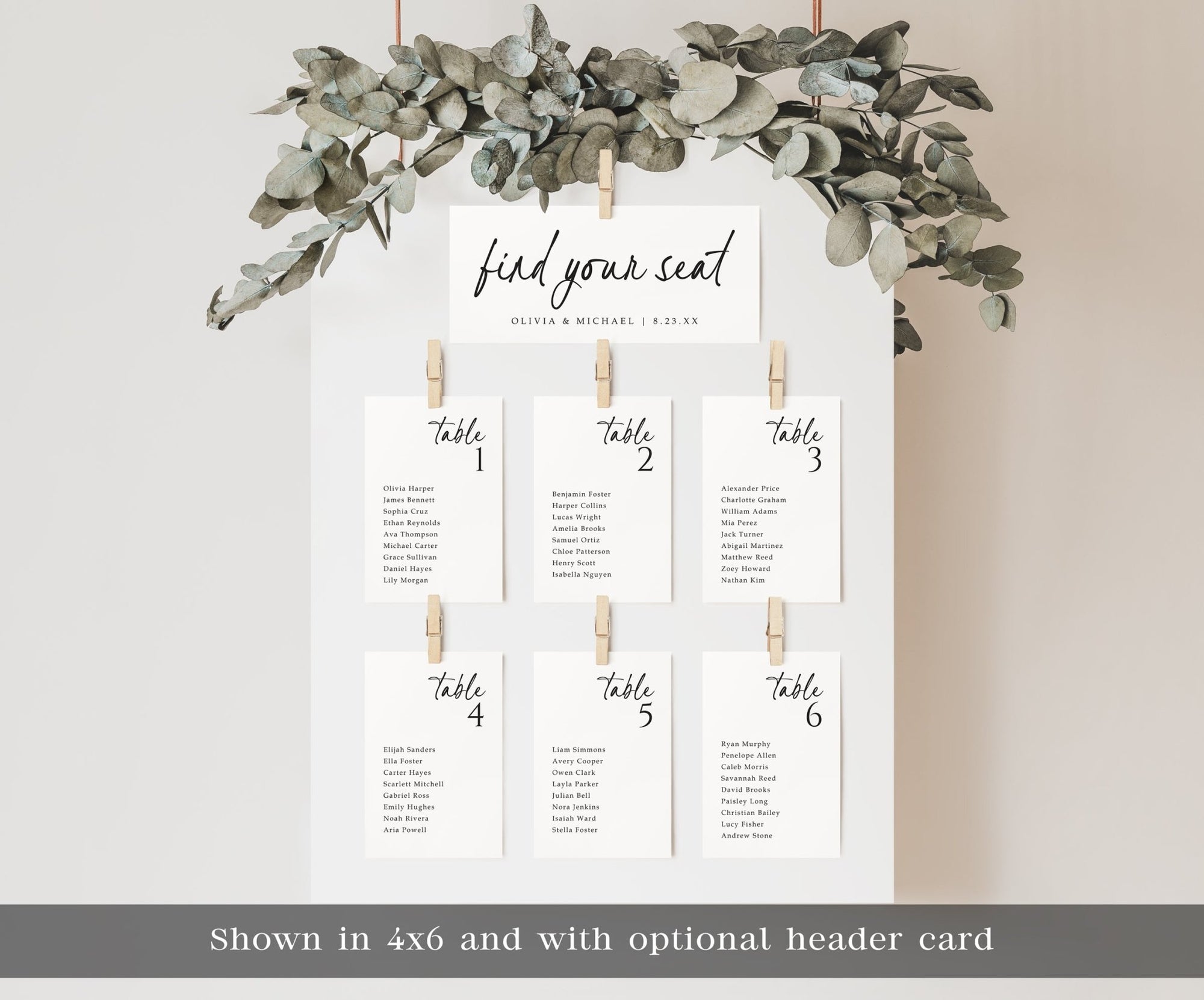 Custom printed wedding table seating chart cards displayed with greenery, featuring simple handwriting script and optional header card.