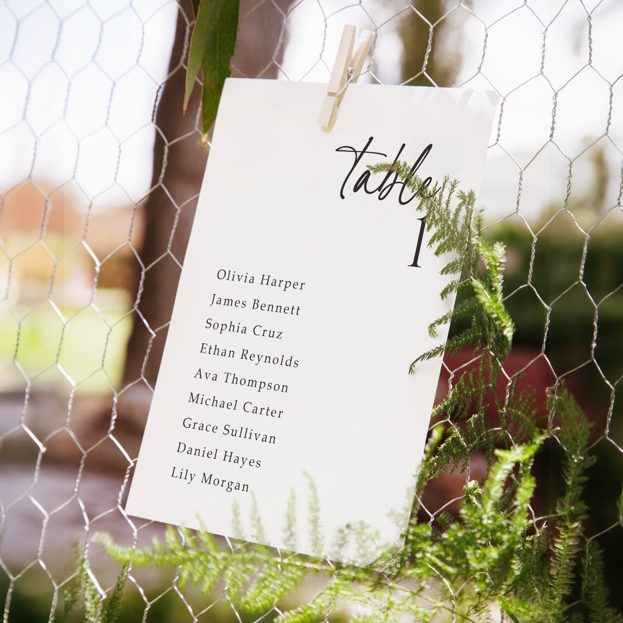 Table assignment card with names on a wire fence background