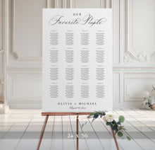 Seating chart for 'Our Favorite People' with names on a white background, displayed on an easel.