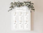 Modern calligraphy wedding seating cards arranged on a white frame with floral accents and header card.
