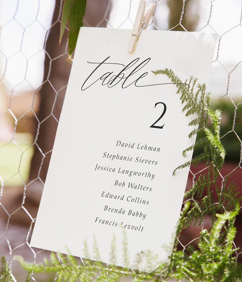 Printed seating chart cards displayed by table in soft romantic calligraphy, clipped to backdrop with florals.