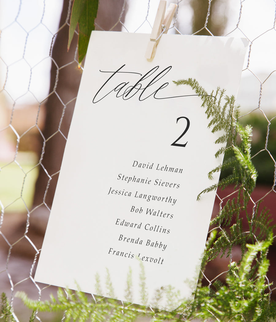 Printed seating chart cards displayed by table in soft romantic calligraphy, clipped to backdrop with florals.