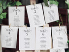 Seating arrangement cards for tables with names, pinned to a board with greenery.