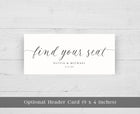 White card with 'find your seat' text on a light gray background