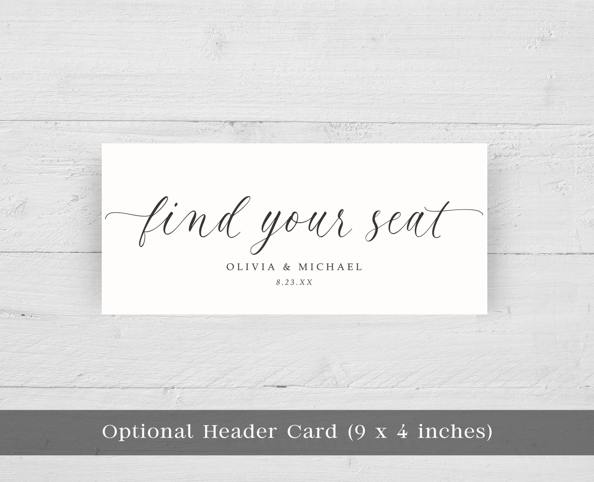 White card with 'find your seat' text on a light gray background