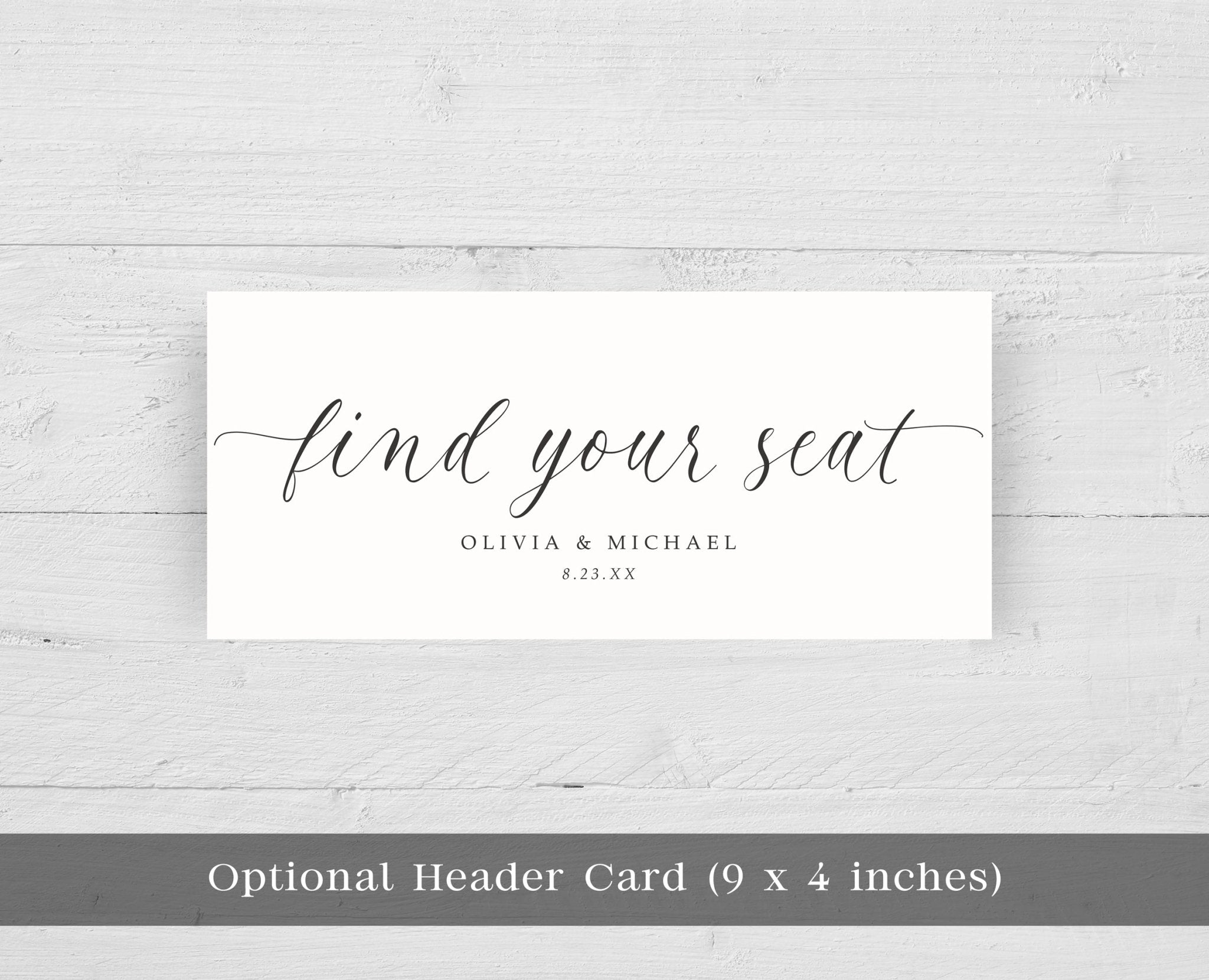 White card with 'find your seat' text on a light gray background