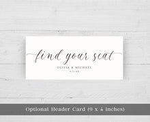 White card with 'find your seat' text on a light gray background