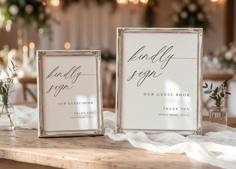 Two rustic framed printed guest book signs on a wooden table with white fabric and small glass vases, photographed in a softly blurred event setting.