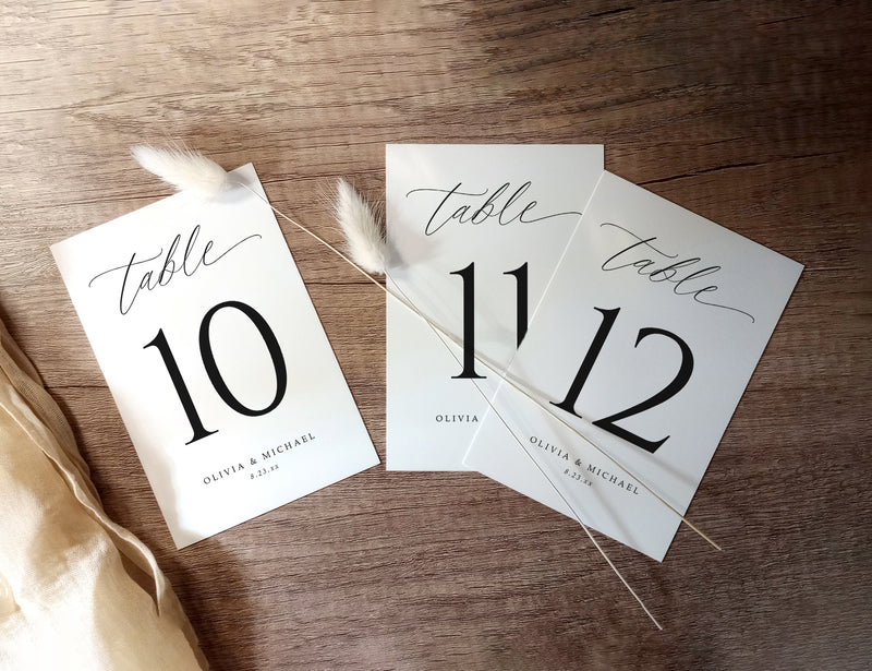 Custom 4x6 table numbers in romantic script, printed with couple’s names and date.