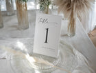 Modern black and white wedding table numbers with elegant minimalist typography.