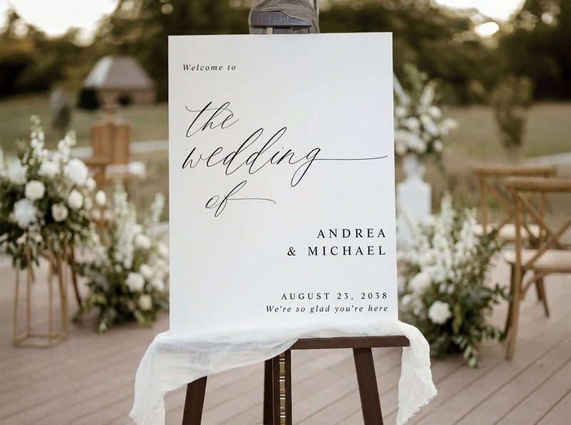 Modern elegant black and white wedding welcome sign