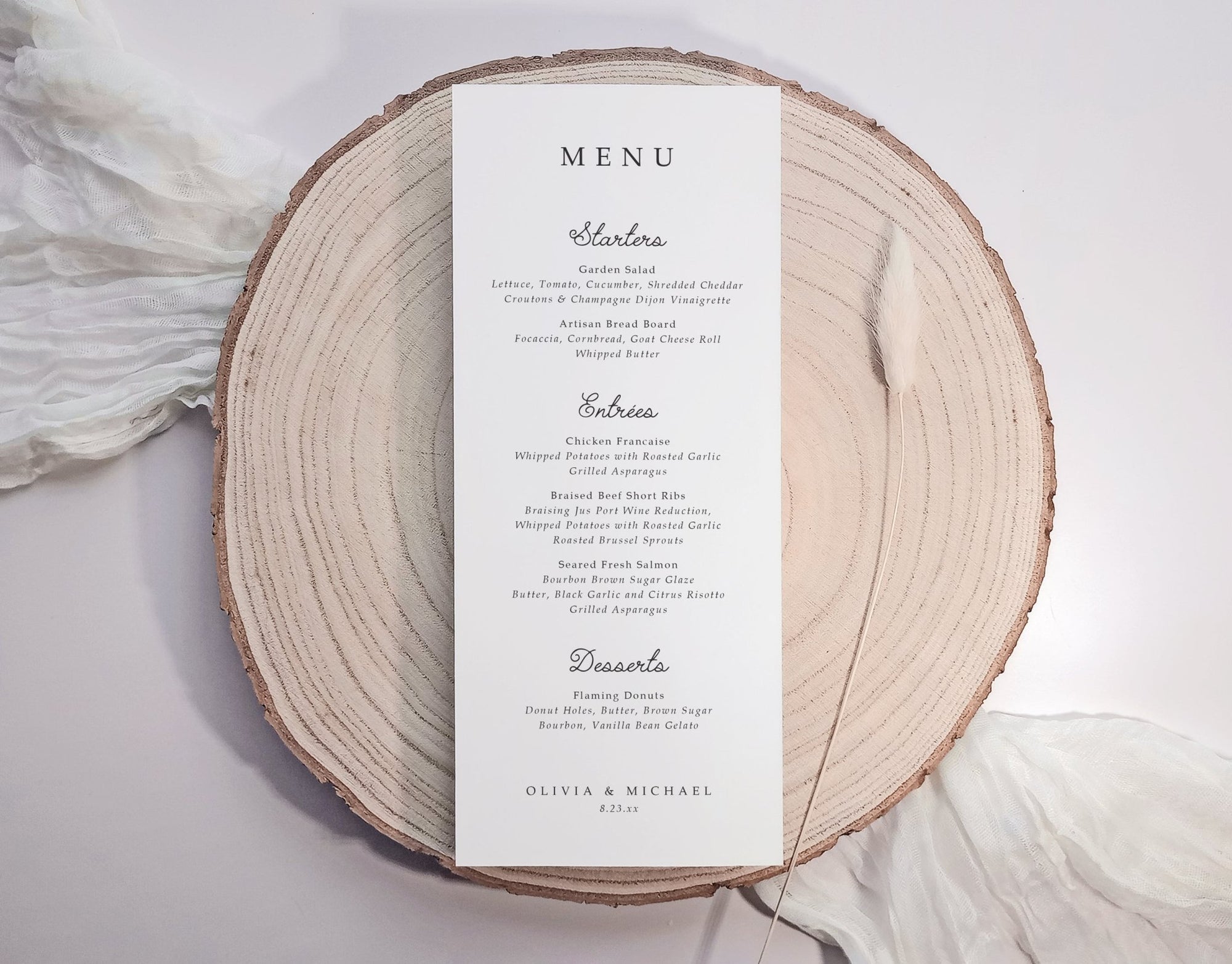 Vertical wedding menu featuring whimsical handwriting paired with serif font on white cardstock.