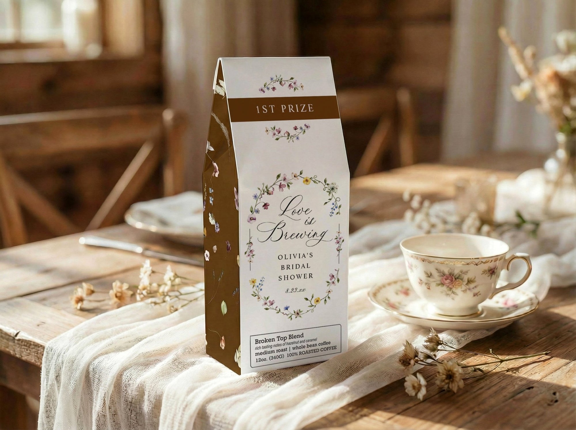 Personalized bridal shower coffee prize with real roasted coffee and French wildflower design