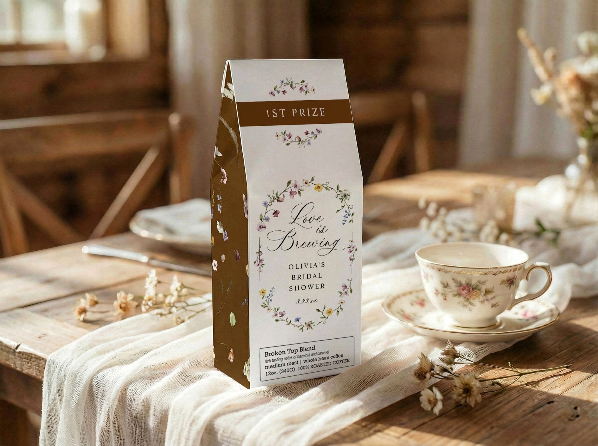 Personalized bridal shower coffee prize with real roasted coffee and French wildflower design