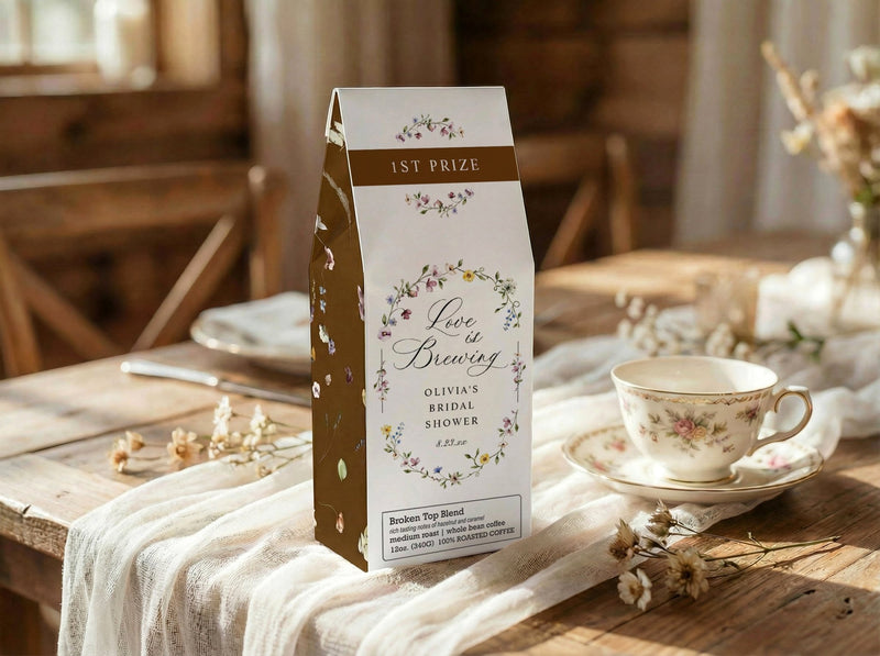 Personalized bridal shower coffee prize with real roasted coffee and French wildflower design