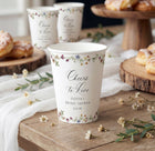 Personalized bridal shower paper cups with watercolor wildflowers and cheers to love floral design